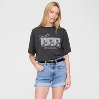 25 Summer North American Niche White Ink Digital Printing Washing Water Fried Color Old Black Grey Short Sleeve T-Shirt Women
