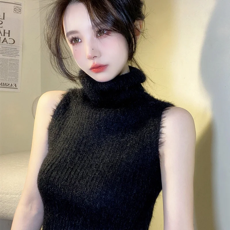 Women's High Collar Sweater Vest Soft Plush Short Thickened Autumn Winter Fashion Commute Style Slim Fit Base Layer Shirt