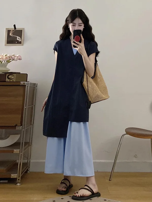 

Korean Style V-Neck Off-Shoulder Dress Women's Summer Fashion Set Short Sleeve Two-Piece Ensemble Overlap Strap Dress