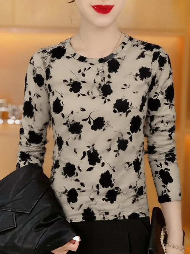 

Женский модный топ с длинным рукавом и цветочным принтом, серия «Растения», дышащий полиэстер, повседневный, с круглым вырезом, для мам