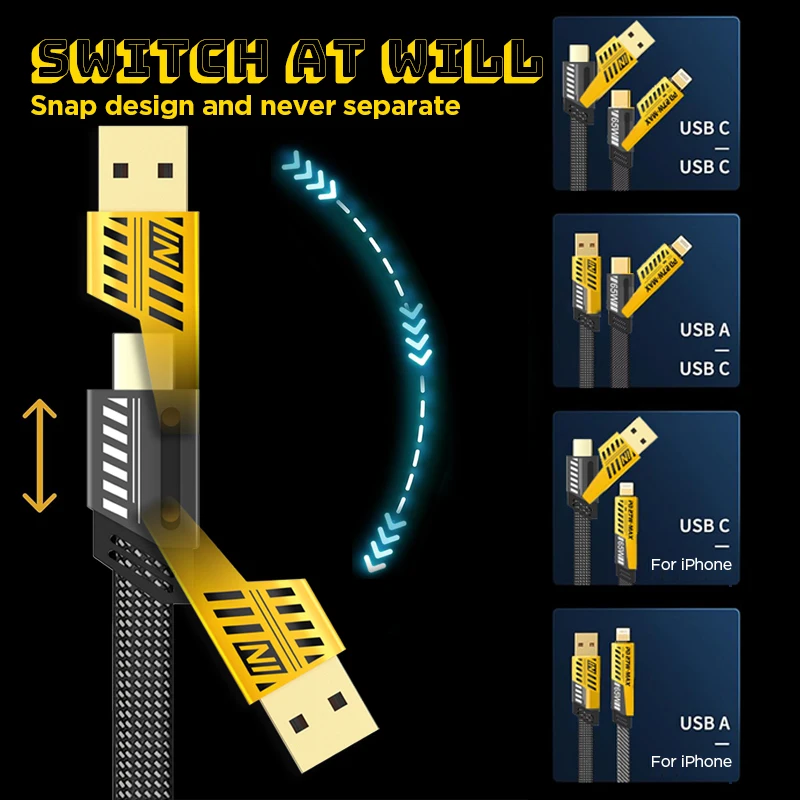 Eaget 고속 충전 케이블, 멀티 포트 다중 USB 충전 와이어 라인, 아이폰 15, 16, 안드로이드용, USB C타입 충전기 케이블, 4 in 1, 65W