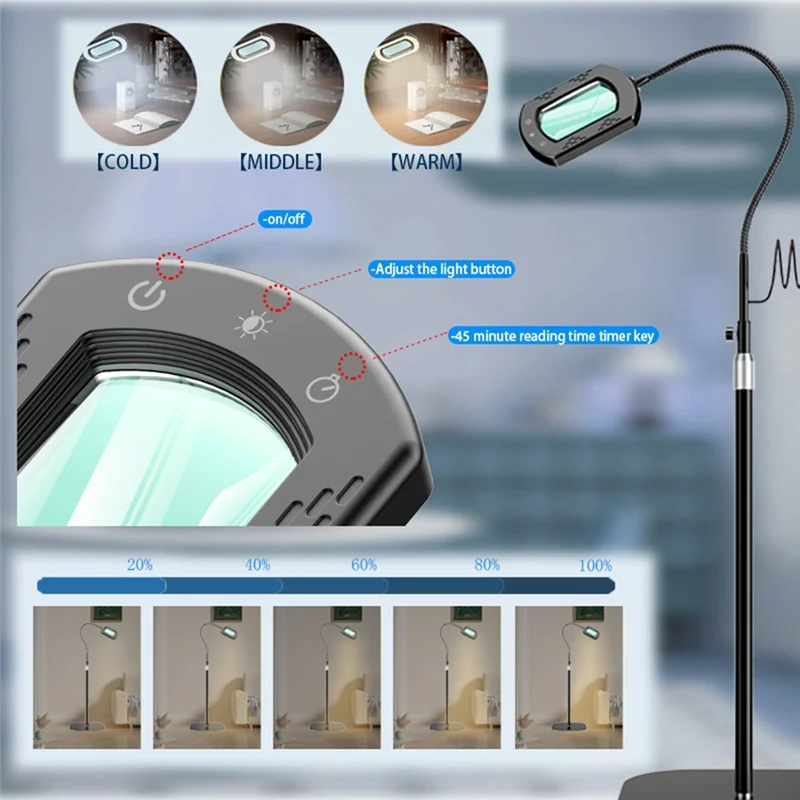 ABKO-Schwanenhals-LED-beleuchtete Schreibtischlampe mit 10-facher rechteckiger Lupe, inklusive Ständer – flexible 5 Farbmodi