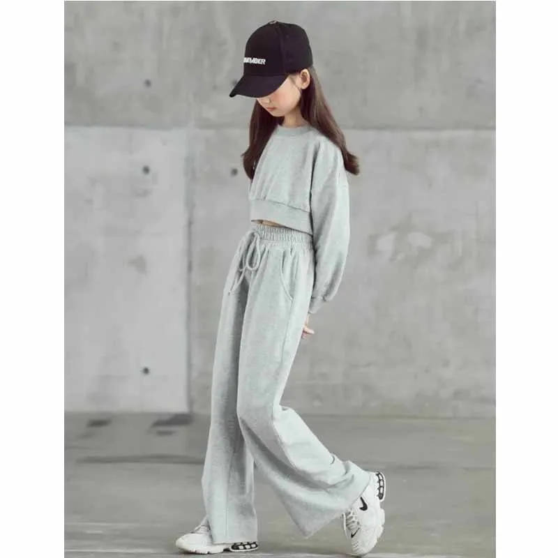 ZOETOPKID Mädchen Einfarbige Sets Kinder Langarm-Kurzpullover mit Hose 2-teilig Frühling Herbst Neue Kinder Mode Freizeitanzug – Detail 8