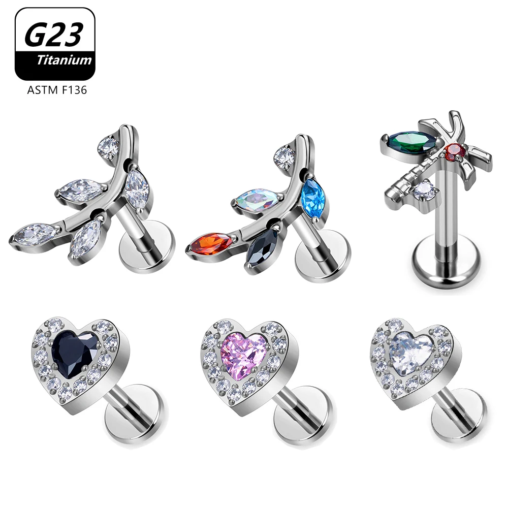 G23 Titanium ASTM F136 Piercing Body Jewelry Labret Studs Tragus Lip Tongue Heart CZ Top Threaded Piercing