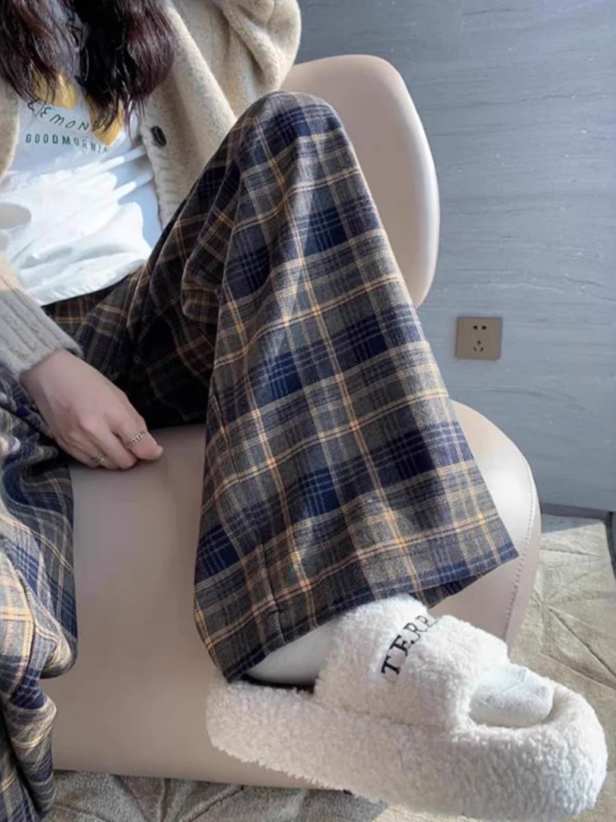 Damskie spodnie w kratę w stylu retro z szerokimi nogawkami, luźne, proste, w stylu koreańskim, codzienne, jesienno-zimowe, nowa moda studencka.