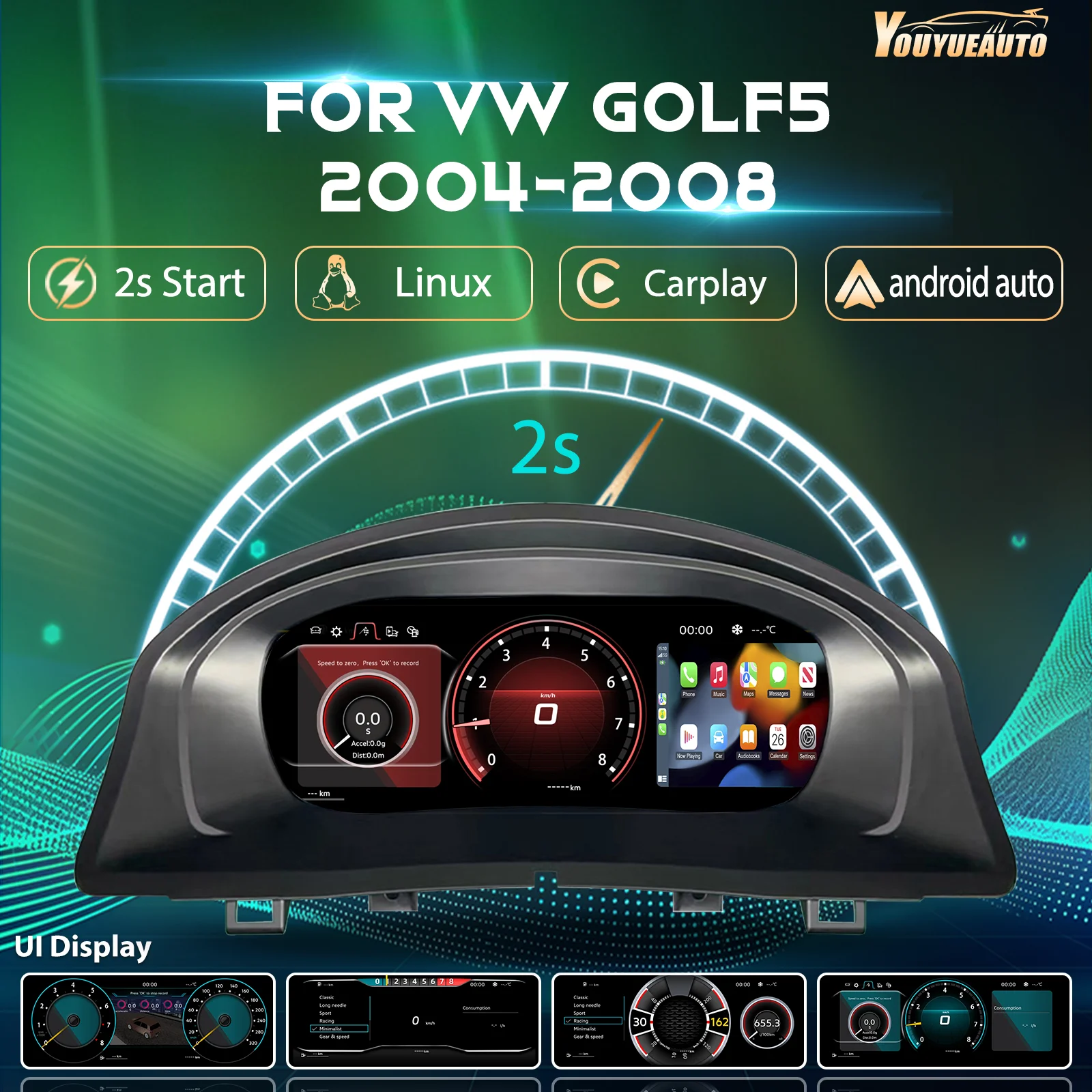 Quadro strumenti digitale LCD da 12,3'' per VW Golf 5 MK5 anni 2004-2008, pannello strumenti, cruscotto, tachimetro con navigazione