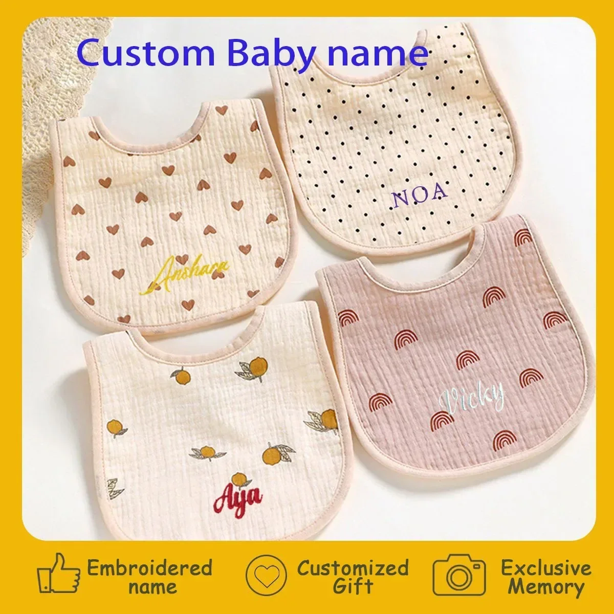 Personalized Baby Bib Cotton Newborn Burp Cloth Apron Waterproof Bib Bandana Scarf For Kids Feeding Saliva Towel Custom Baby Bib