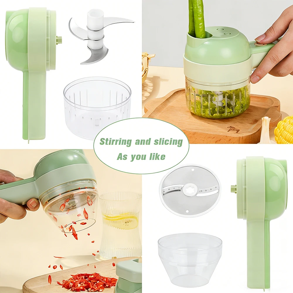 Multi-Functional Portable Wireless Vegetable Processor Electric 4-in-1 Vegetable Cutter Set, Easy to Charge With Egg Cream Whisk