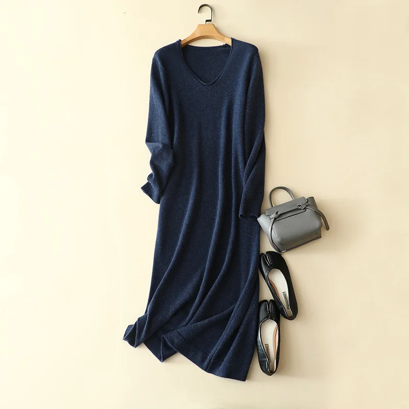 

masigoch winter fashion v neck 100% cashmere long sweater dresses knitwear