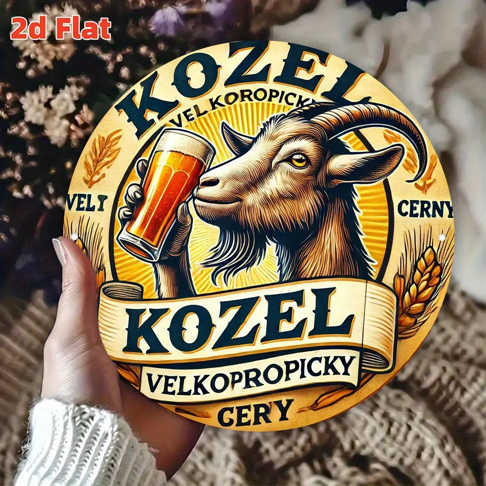 لوحة فنية جدارية معدنية مسطحة ثنائية الأبعاد من Kozel Czech Brewery Vintage Beer Logo - علامة ألومنيوم مستديرة مقاس 19.81 سم مع تصميم الماعز والبيرة، متينة #2