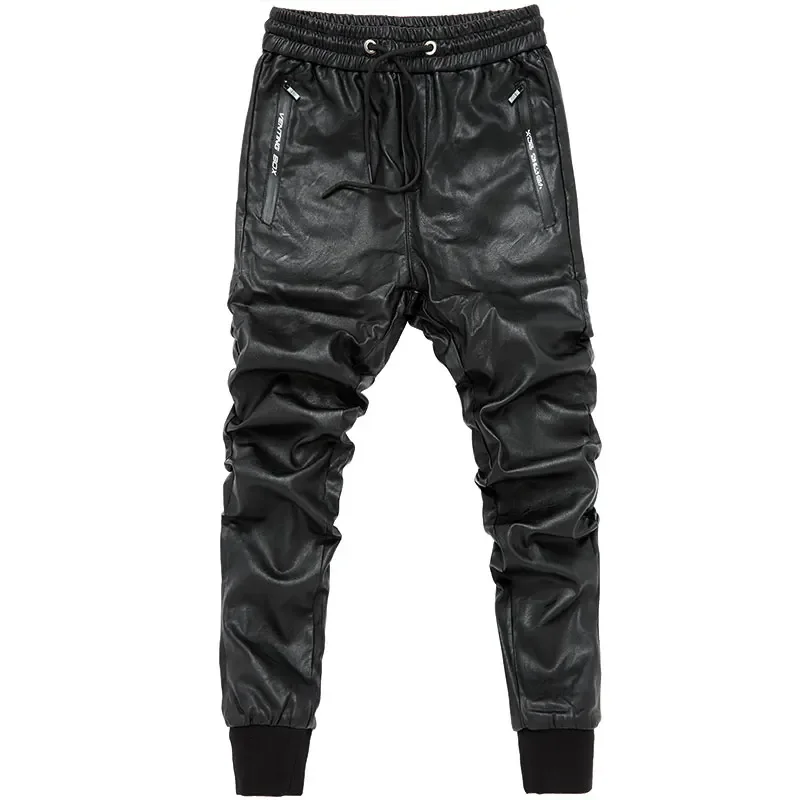 

Men Streetwear Leather Pants Casual Slim Fit Washing Locomotive Pants Mens Feet Joggers