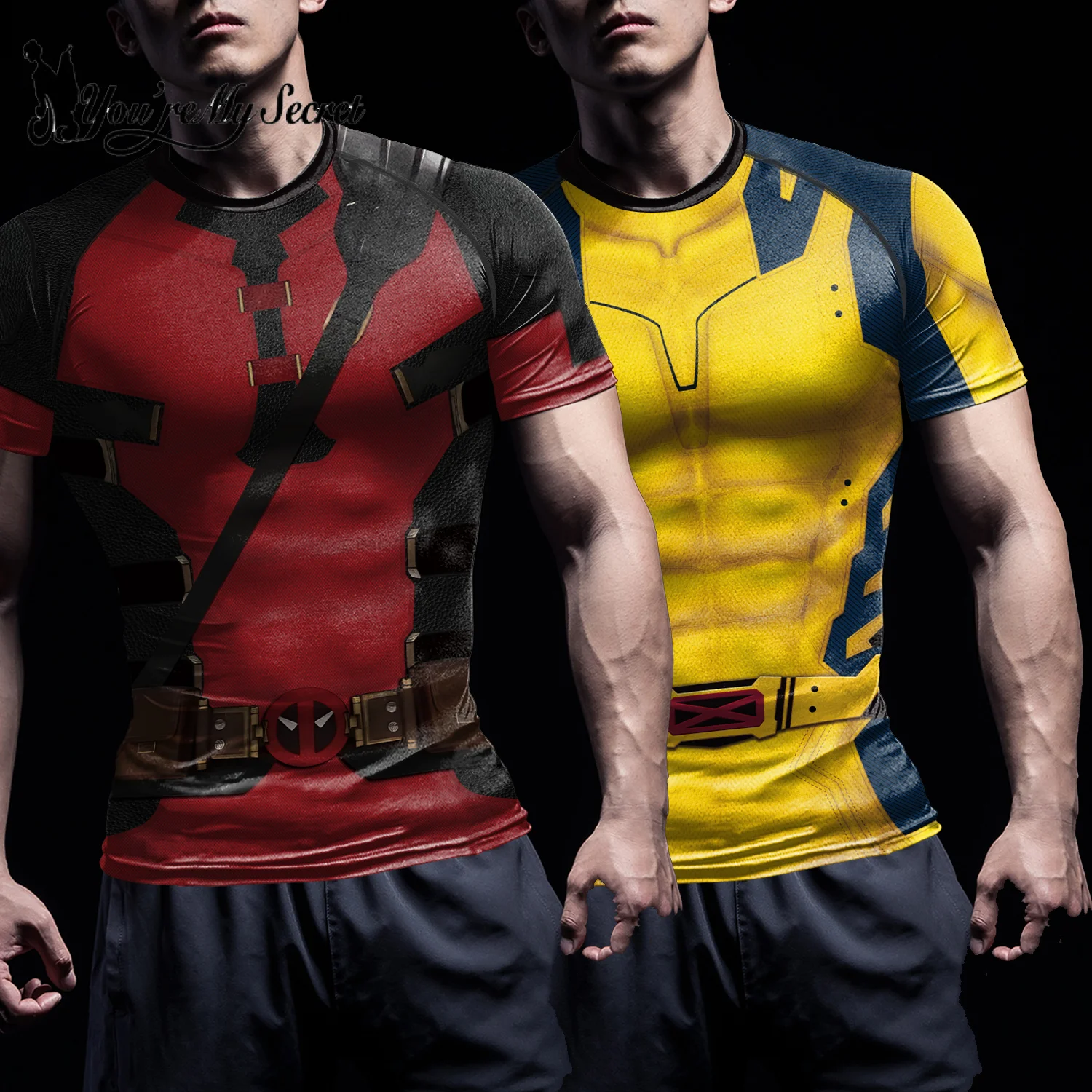 [You're My Secret] Superhero Wolverine Cosplay Deadpool Costume Compression Shirt Halloween Party Printed Men's Sportswear Shirt