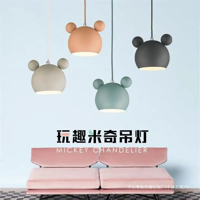 

Nordic Color Macaron Mickey Chandelier Bedroom Candle Bedside Lamp Children's Clothing Toy Store Cartoon Iron Art Pendant Lights