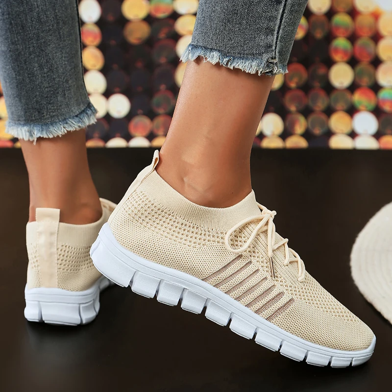 Lightweight Breathable Sneakers for Women Mesh Cut Out Striped Flats Shoes Woman Autumn 2023 Casual Non-Slip Tennis Shoes Ladies