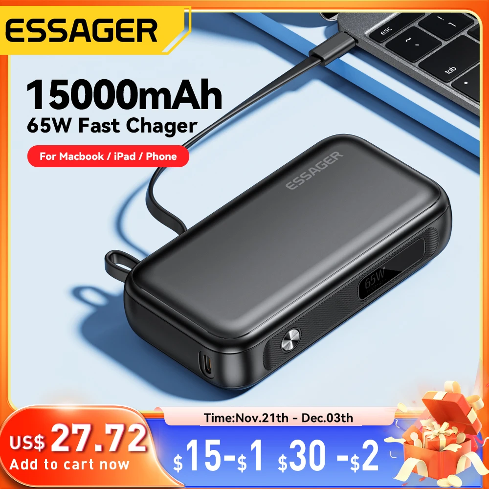 Essager 15000mAh 휴대용 외장 배터리 팩, USB C 케이블 포함, 아이폰, 아이패드, 맥북 호환, 65W 고속 충전기