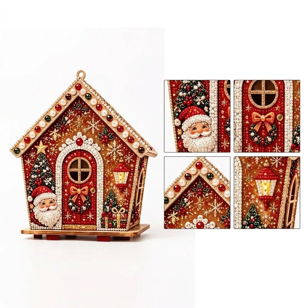DIY Christmas Craft Kit for Creating a 3D House with Wooden Panels Rhinestone Details and Pearl-Like Bead Embellishments