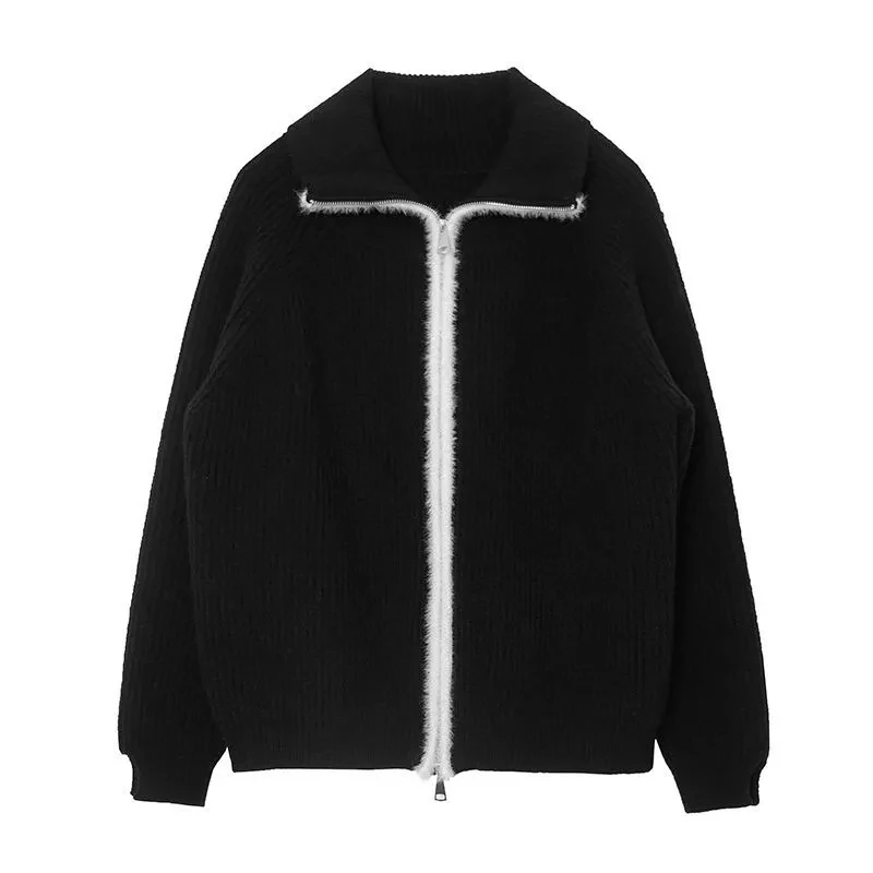 

Новинка 2023 года, осенний черный вязаный кардиган, женский лоскутный кардиган в стиле Харадзюку, верхняя одежда на молнии, трикотаж, зимний модный свитер