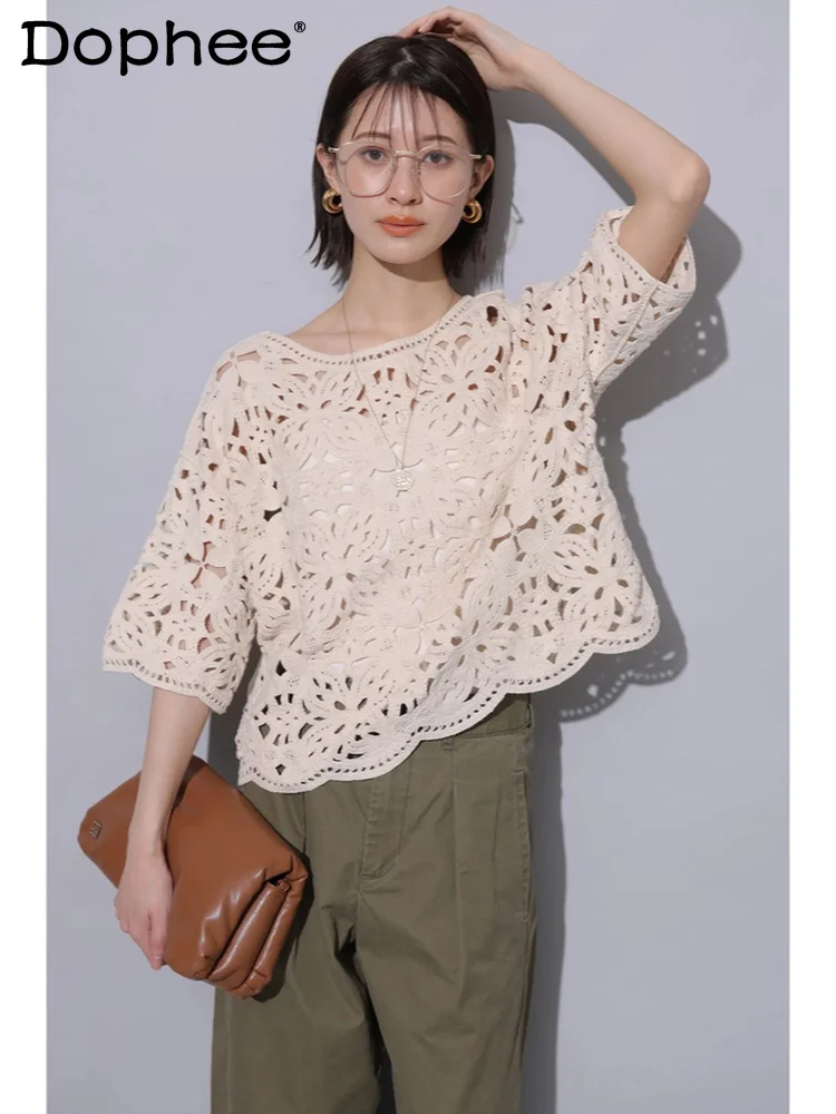 

2026 Spring Summer New Japanese Style Artistic Girl Heavy Craft Hollow Crochet Half Sleeve Top Simple Casual Versatile Top
