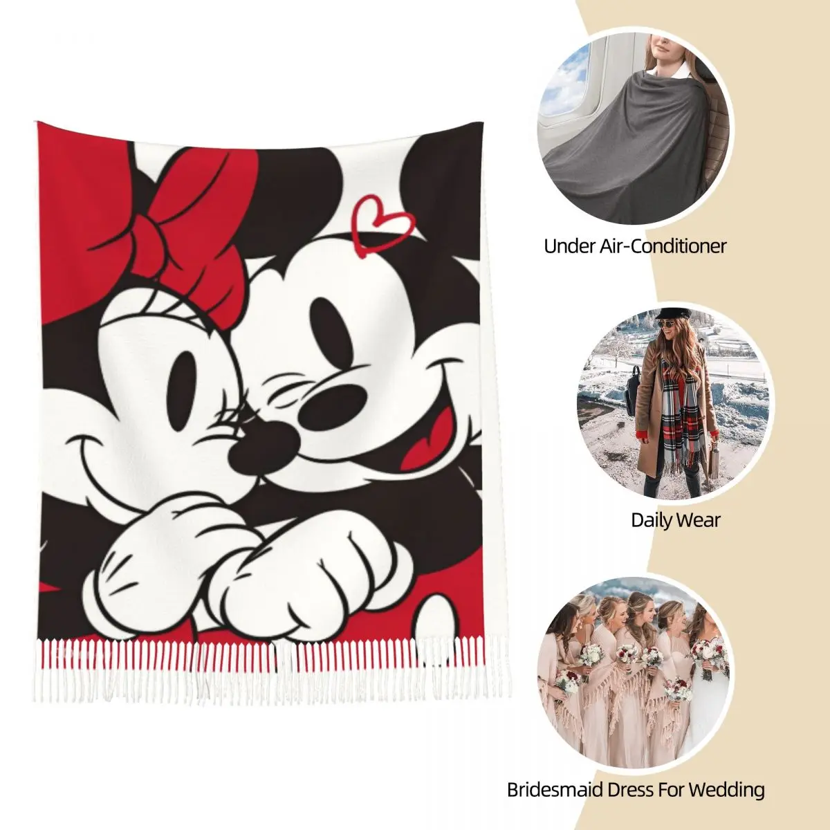 Women\'s Scarf with Tassel Mickey Minnie Mouse Large Winter Warm Shawl Wrap Cartoon Cute Gifts Cashmere Scarf