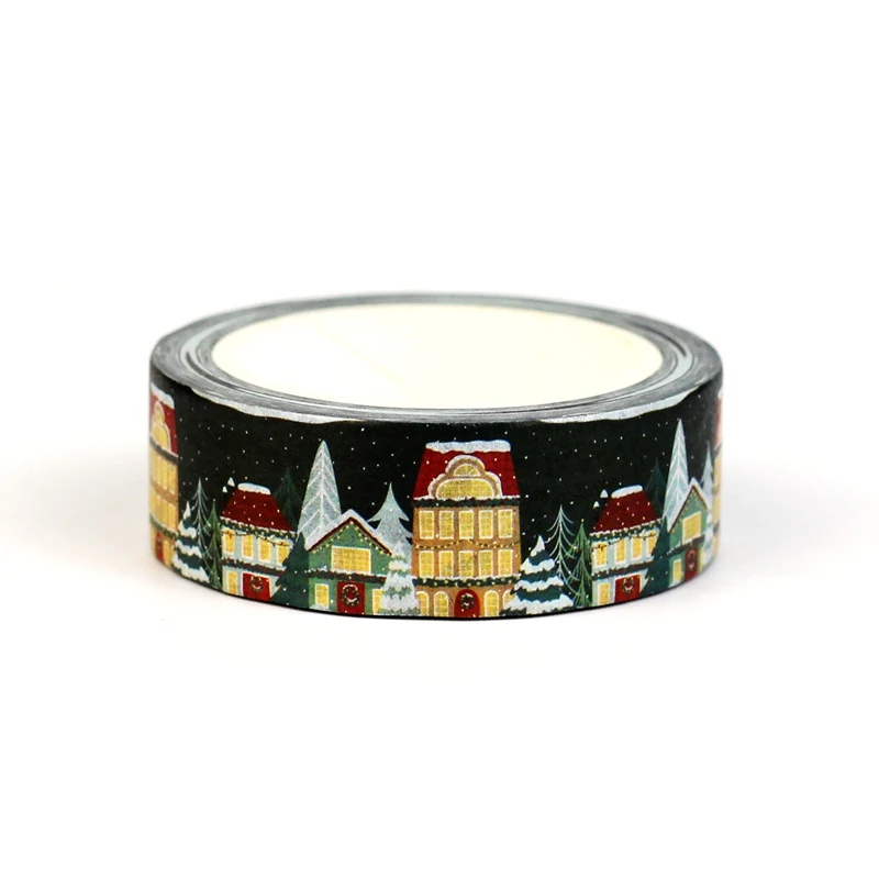 1X Green Night Snowy Village House Pine Tree Washi Tape Decor Masking Tape for Journal Scrapbook Xmas Gift Wrapping Stationery
