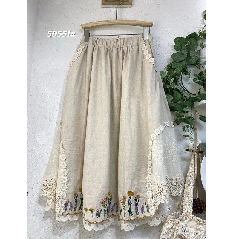 26 New Arrival Spring/summer Women Casual Lace Embroidered Patchwork A-line Skirt Good Quality Cotton Linen Mid-calf Skirts T141