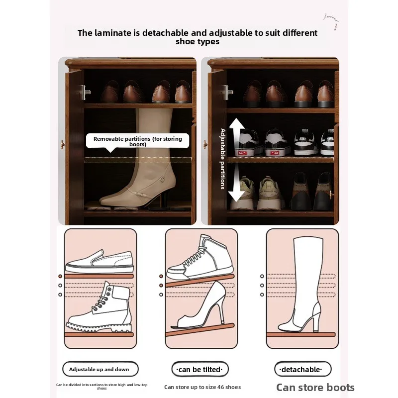 medieval solid wood shoe cabinet, integrated wall storage cabinet at the entrance of the home, large-capacity multi-layer 3