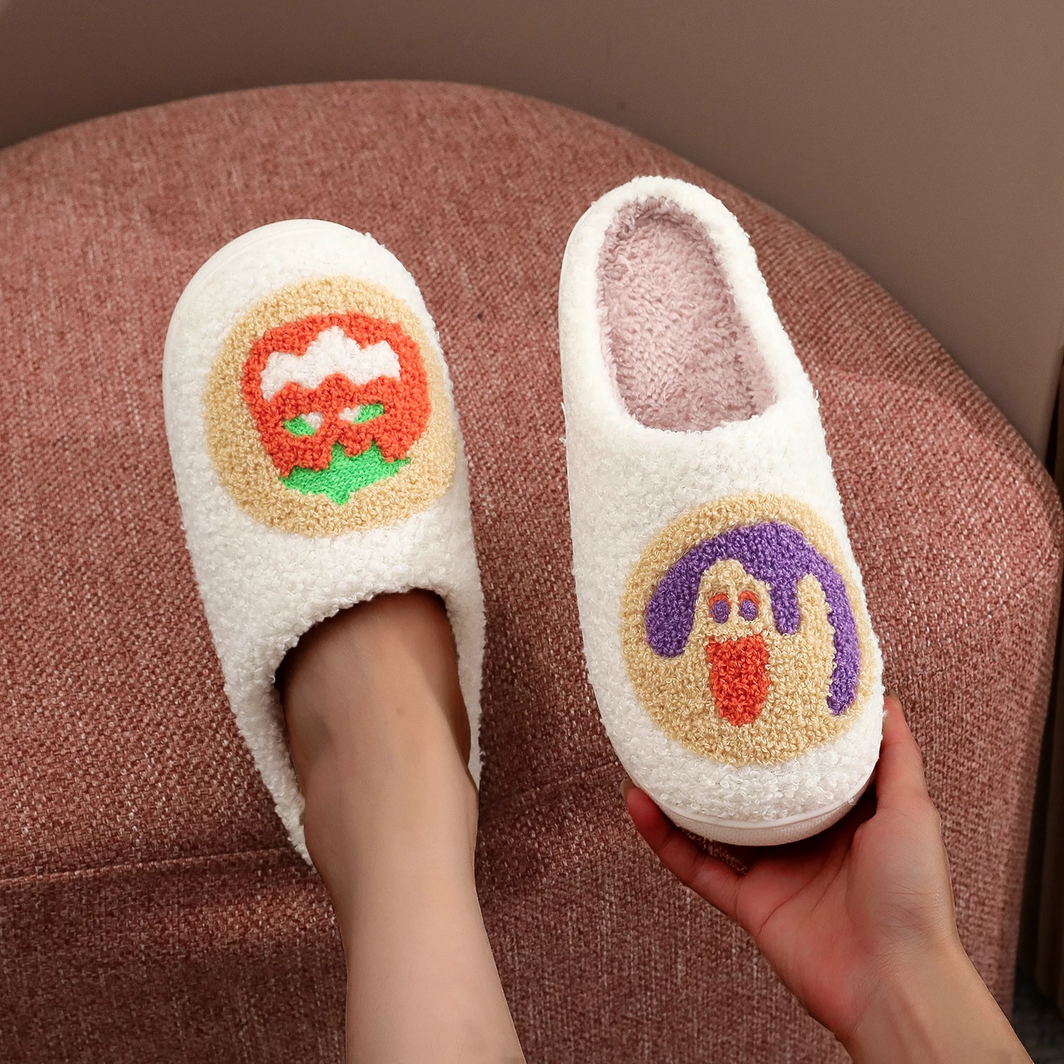 Halloween cookie nostalgic 90s gourmet pattern winter home gift cotton slippers non-slip thick sole lightweight plush slippers for men and women can