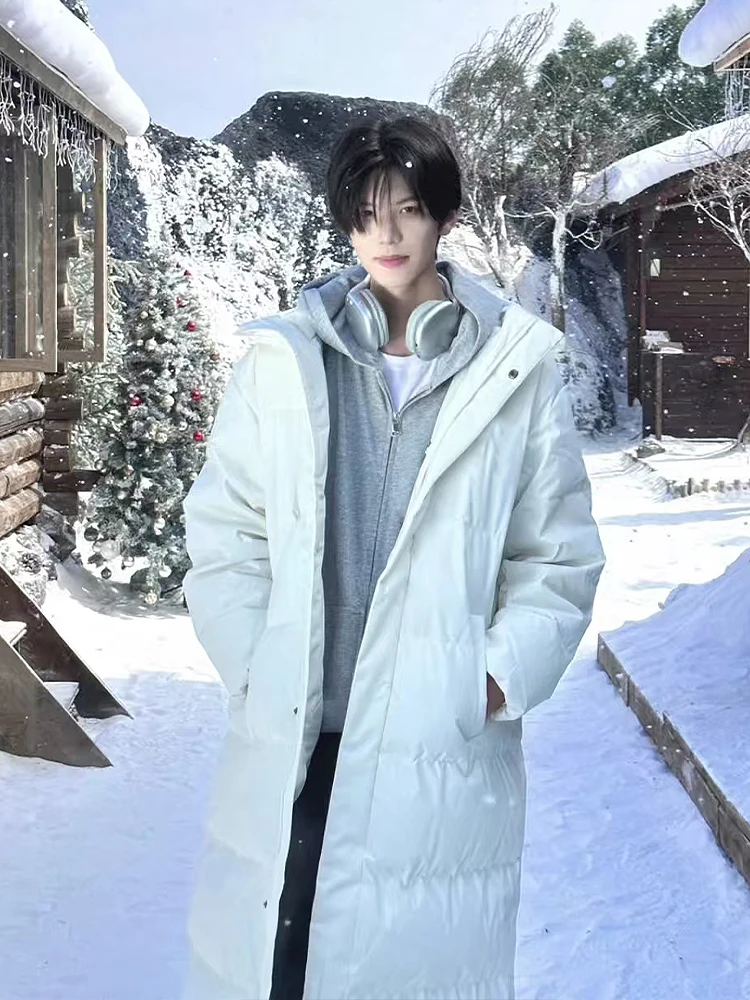 

Thiened American Sle Hooded down Cotton Jaet Men's Winter Knee-Length Overcoat Youth Trendy Long Coat Pure Color Zipper