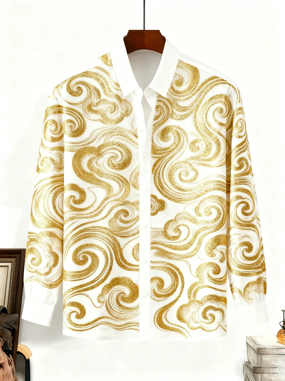 Men's Golden Auspicious Clouds Rainbow Bridge Meteor Shower Pattern Shirt Hawaiian Vacation Long-sleeved Lapel Soft Top Clothing