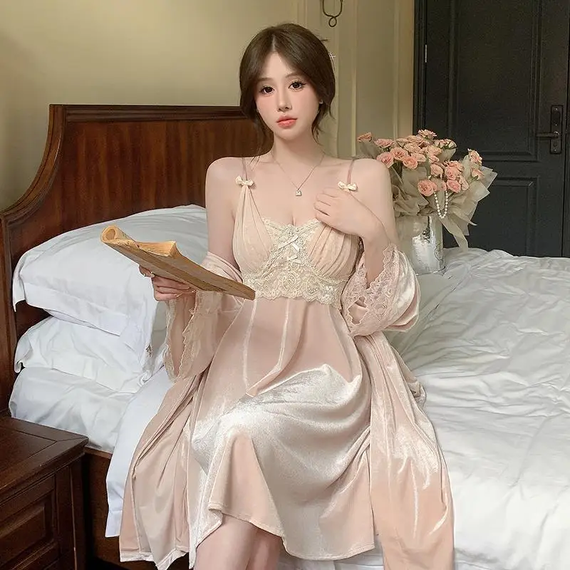 Pure Desire Style Lace Sexy Strap Sleepwear Women's Autumn And Winter Golden Velvet With Chest Mat Sleep Skirt Two Piece Set