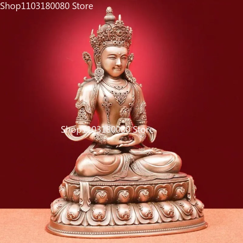 Hand-Carved Red Copper Amitayus Buddha Statue Tibetan Longevity Buddha Holding Longevity Vase Altar sculpture,23cm,15cm,10cm