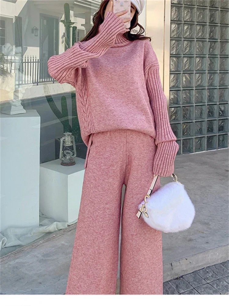 

Women Sweater Winter 2 Piece Sets Elegnat Knitted Suits Female Sweaters Vintage Womens Pants High Waist Autumn Vintage Vestidos