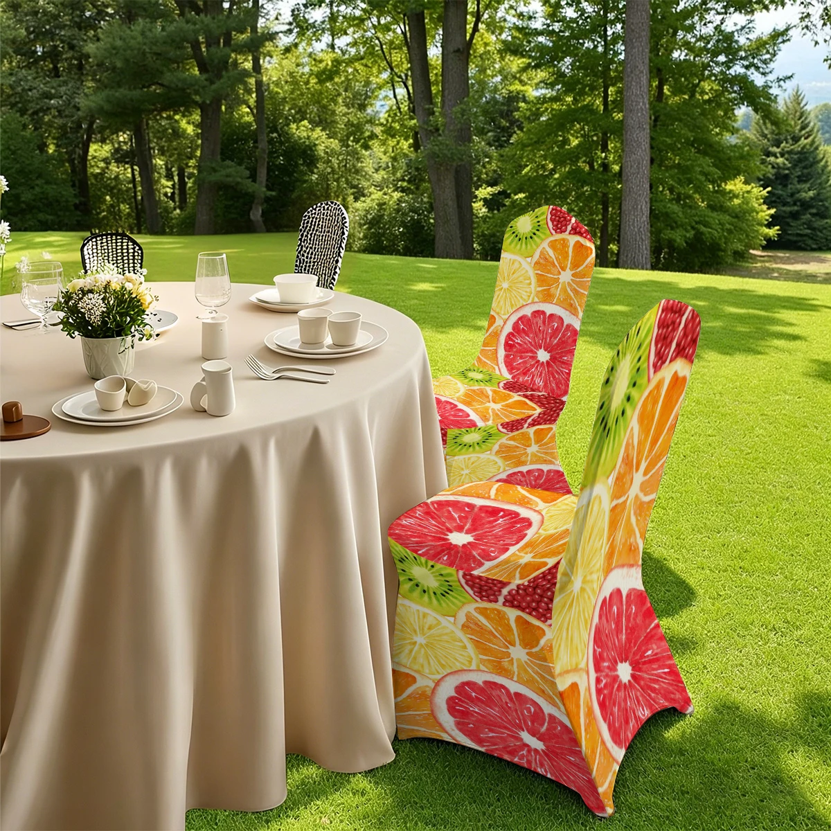 2D All - inclusive Chair Cover with Fresh Fruit (Grapefruit, Kiwi, Orange) Print, Elastic & Slip - resi