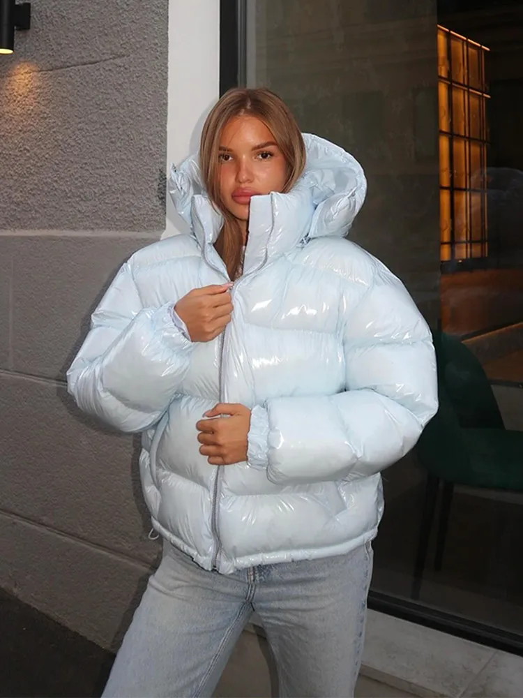 Kurze Glänzende Kapuzenjacke für Damen, Street-Style Stehkragen, Laternenärmel, Lose Passform, Modische Damenjacken, Neue Oberbekleidung – Detail 24