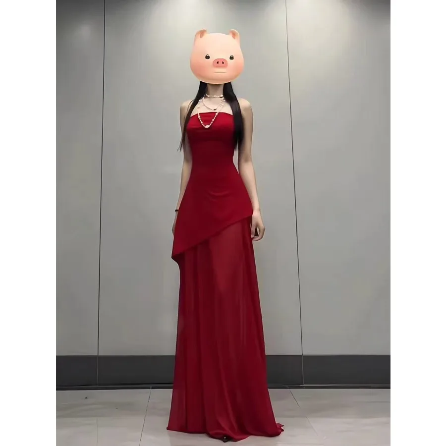

【New style】Tunning European and American style temperament high-end royal sister long dress banquet dress tube top mesh splicin