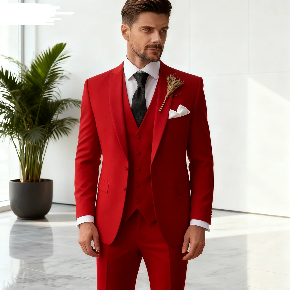 

Italian Men's 3-Piece Tuxedo Navy Blue Jacket Slim Fit Wedding Groomsmen Suit with White Vest And Lapel Cufflinks