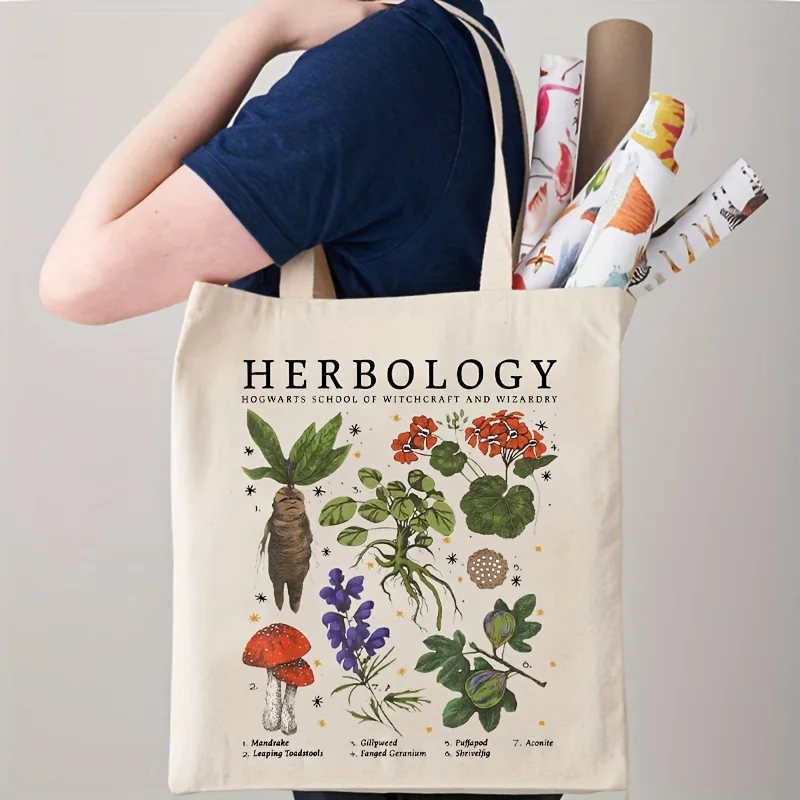 1Pc Herbology Plant Pattern Canvas Bag Shoulder Bag Botanical Travel Bag Plant Lover Bag Gardening Tote Bag Gift For Plant Lover