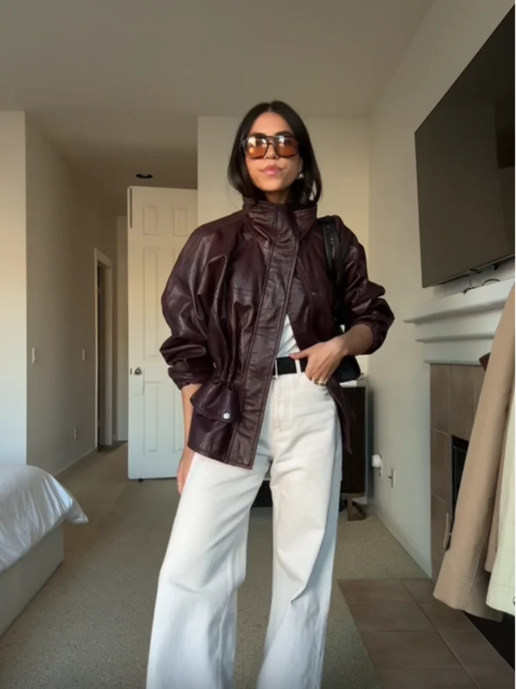 

Кожаная куртка с воротником-стойкой и завязкой на талии, женские крутые пальто на молнии с карманами, модная повседневная уличная верхняя одежда 2025 года