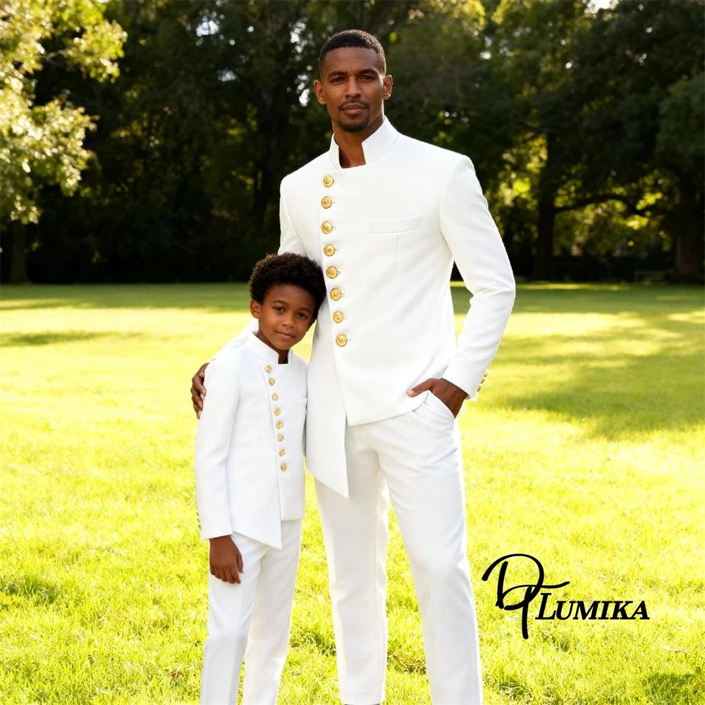 DTLumika 2-Piece Suit for Men & Kids, Gold Buttons Father and Son Suit Set Half Stand Collar Customized Suits Wedding Guest Suit