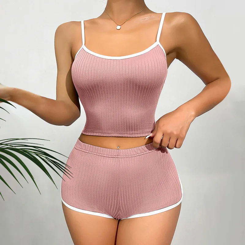 Summer Women Shorts Solid Pajamas Of Two Pieces Thin suspenders Casual Ribbed Homewear Elastic Girls Slim Fit Home Clothing