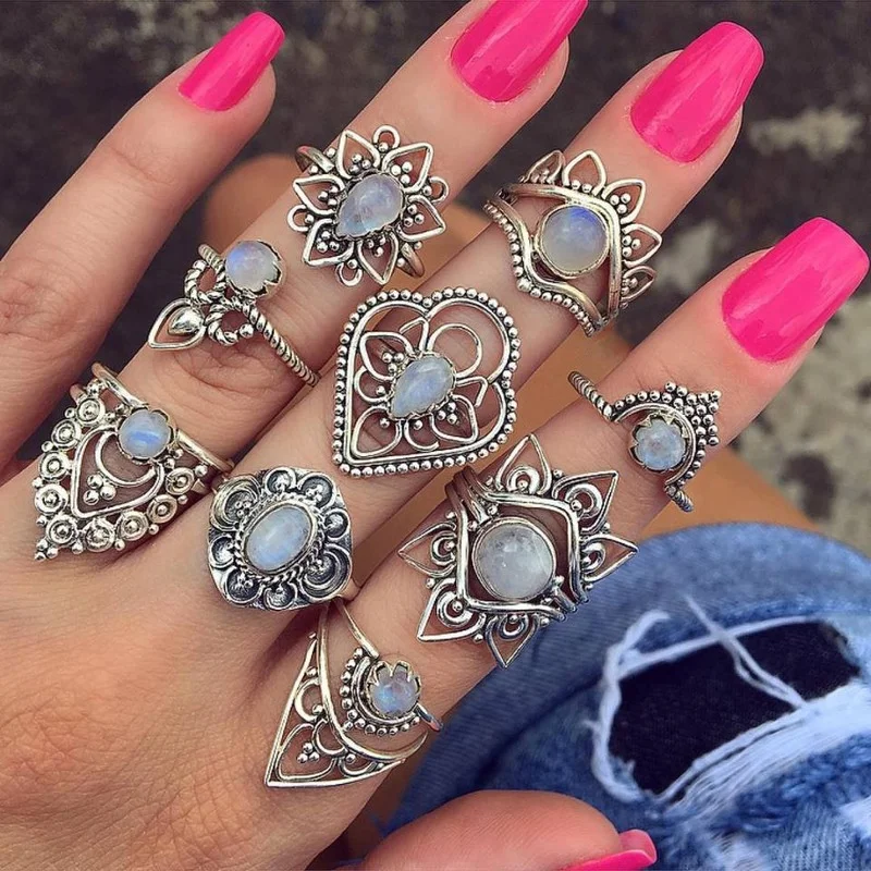 New Bohemian Hollow Carved Crystal Ring Set Flower Sunflower Moon Sun Vintage Water Drop Ring Fashion Jewelry for Women Gifts