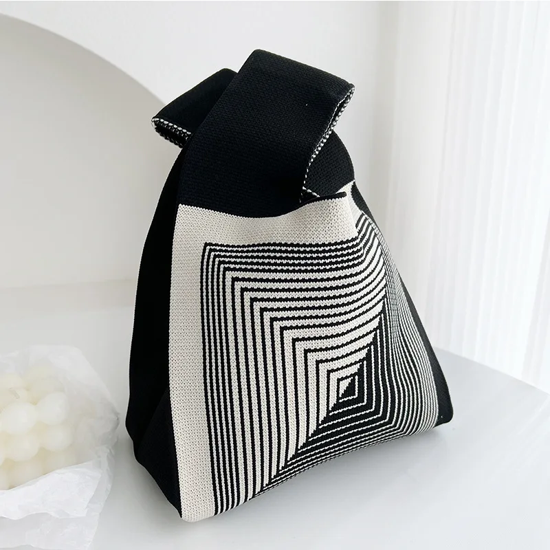 Casual Knitted Handbag Undershirt Bag Vest Bag Handbag Striped Design Checkerboard Collision Color Light Luxury Wind Tote Bag