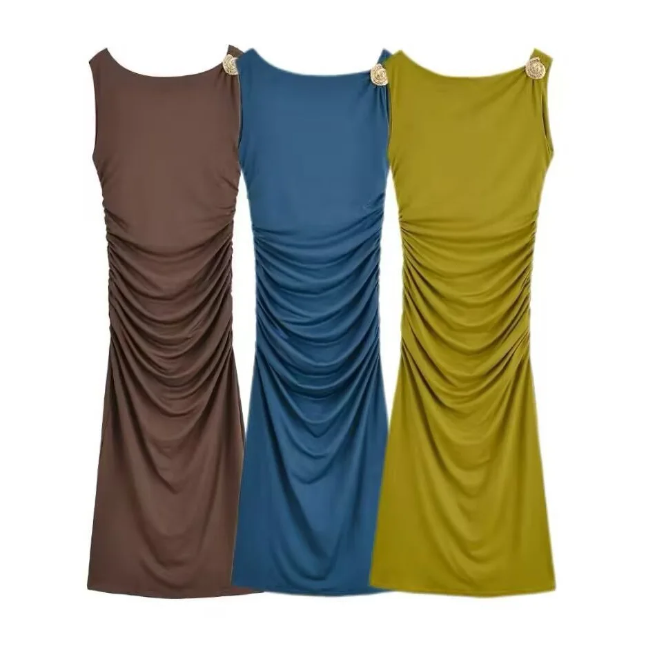 

Holiday Sexy Chic Women Dress Solid Folds Diagonal Collar Sleeveless Long Vestidos New Fashion 2025 Autumn Party Dress