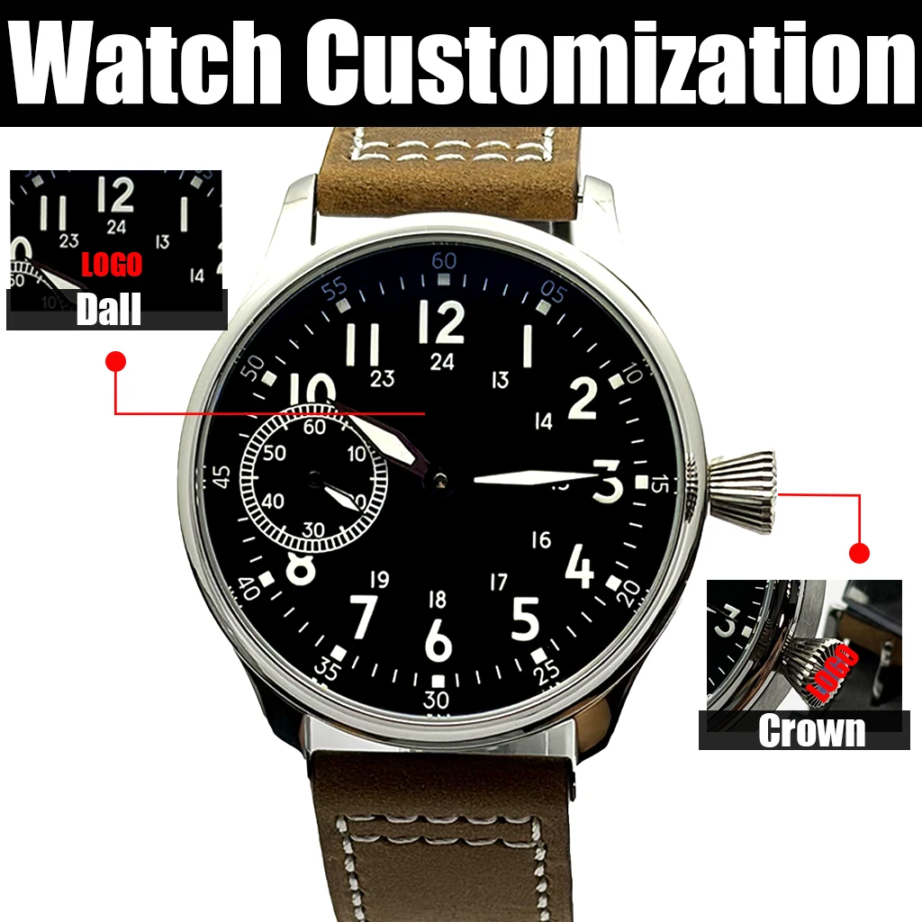 

Мужские повседневные часы 44 мм с возможностью нанесения логотипа, механизм ST3600 с ручным заводом, кожаный ремешок, корпус из нержавеющей стали 316L, DIYLogo