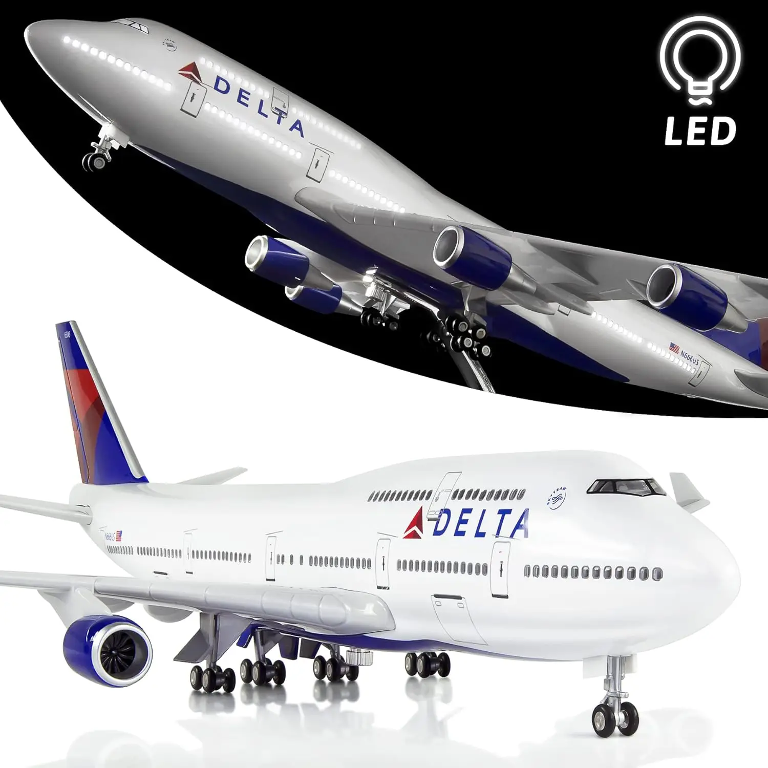 

1:130 Scale Large Airplane Model Delta B747 Plane Models Diecast Airplanes with LED Light for Collection or Gift