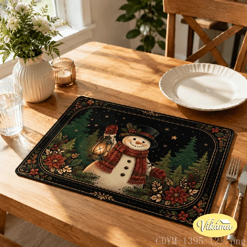 VIKAMA Christmas Placemat Black Snowman Lantern Print, Waterproof Oil-Proof Heat-Resistant Holiday Table Mat for Home