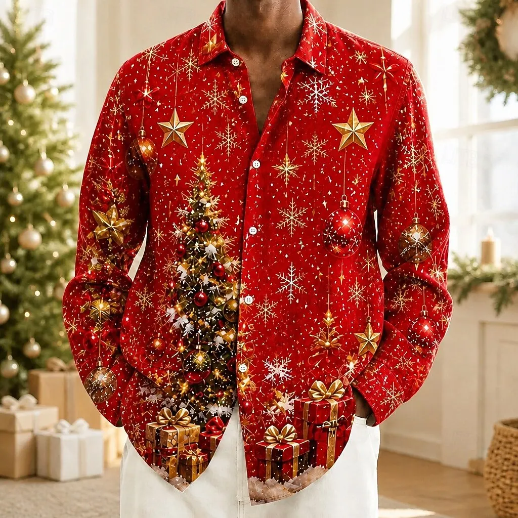 Men Christmas Tree Print Long Sleeve Shirt, Xmas Gift Snowflake Button Up Shirt, Holiday Party Casual Dress Shirt