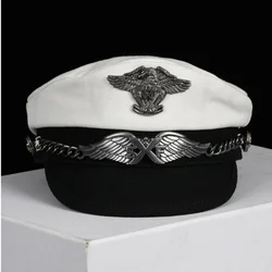 Retro Navy Peaked Sailor Cap Men Women Spring Beret Hat Male Canvas Grey Eagle Belt Locomotive German Captain Casquette