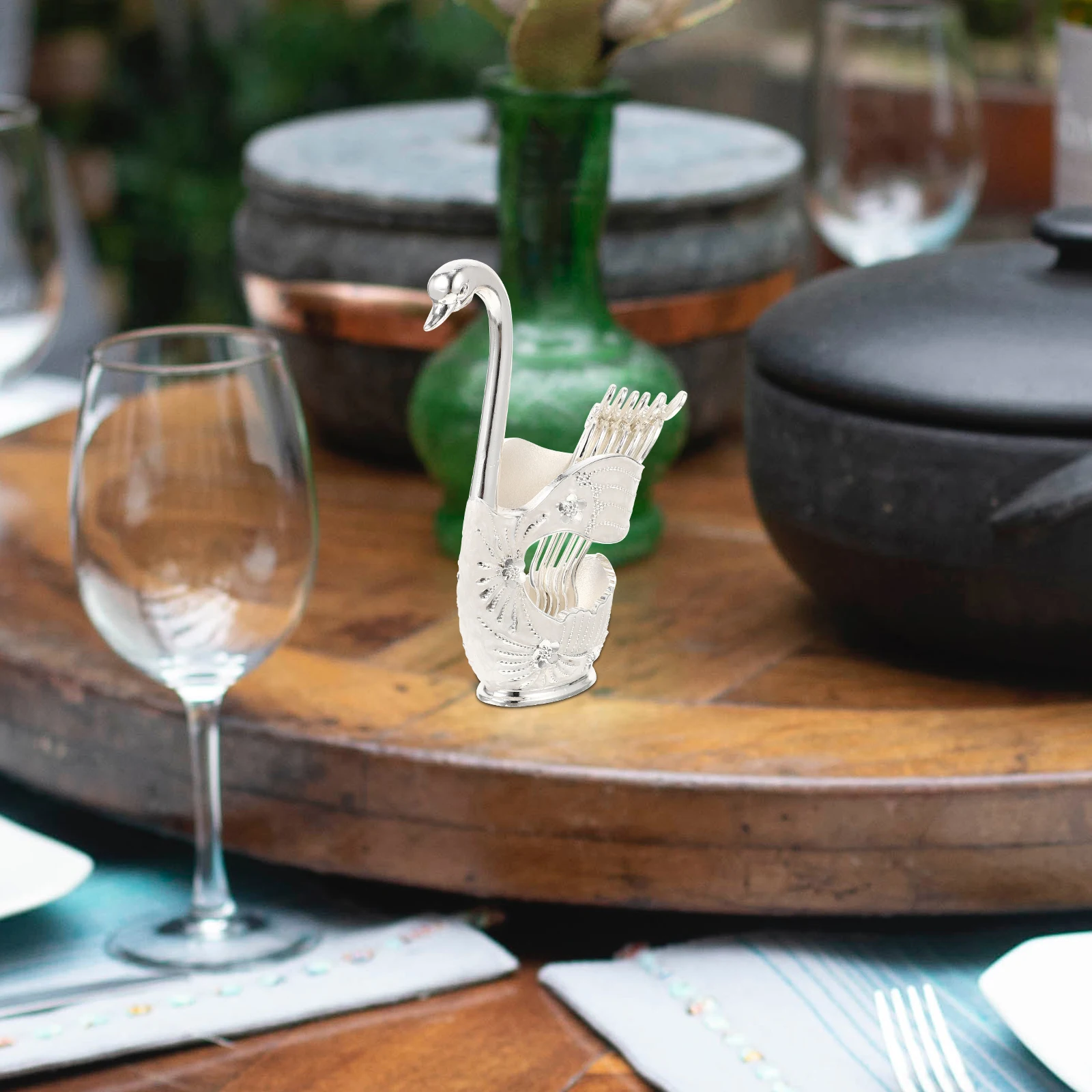 

1 Set Golden Oil Painting Spoon Set Swan Shape Metal Dessert Scoop With Storage Holder Kitchen Mixing Spoons Coffee Stirring