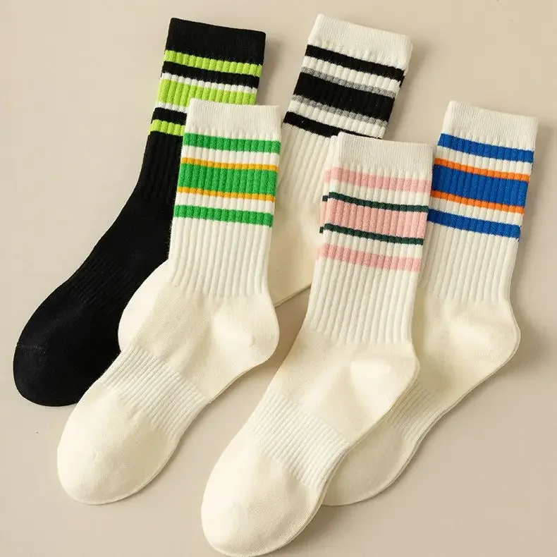 Candy Color Striped Socks for Woman Street Hip Hop Skateboard Striped Mid Tube Cotton Socks Breathable Sports Racing Cycling Sox